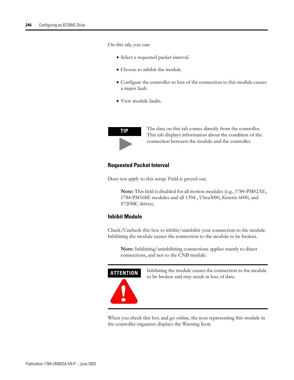 Requested packet interval, Inhibit module | Rockwell Automation 1784-PM16SE SoftLogix Motion Card Setup and Configuration Manual User Manual | Page 252 / 451