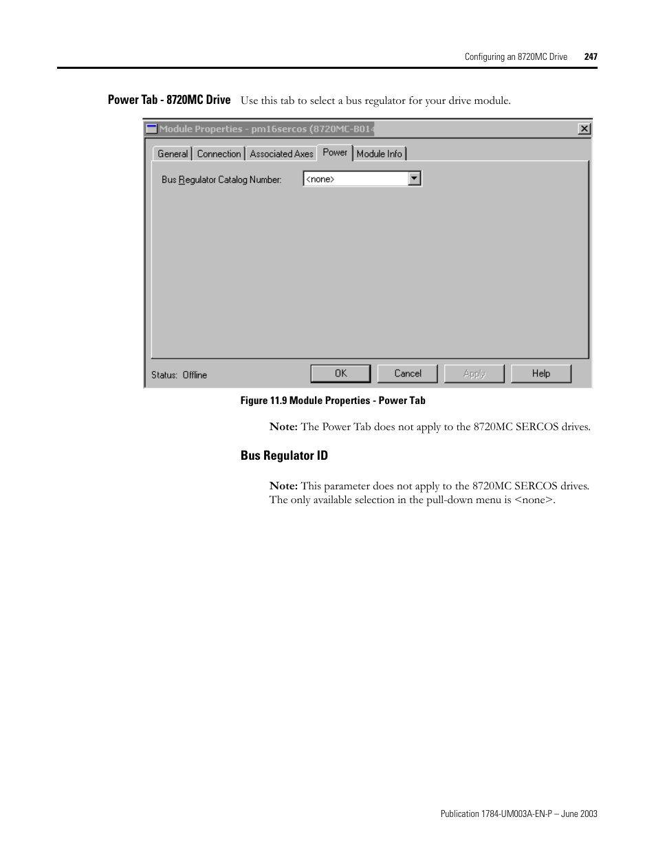 Power tab - 8720mc drive, Bus regulator id | Rockwell Automation 1784-PM16SE SoftLogix Motion Card Setup and Configuration Manual User Manual | Page 255 / 451