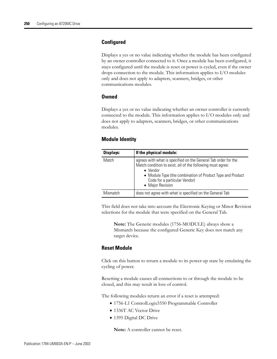 Configured, Owned, Module identity | Reset module | Rockwell Automation 1784-PM16SE SoftLogix Motion Card Setup and Configuration Manual User Manual | Page 258 / 451