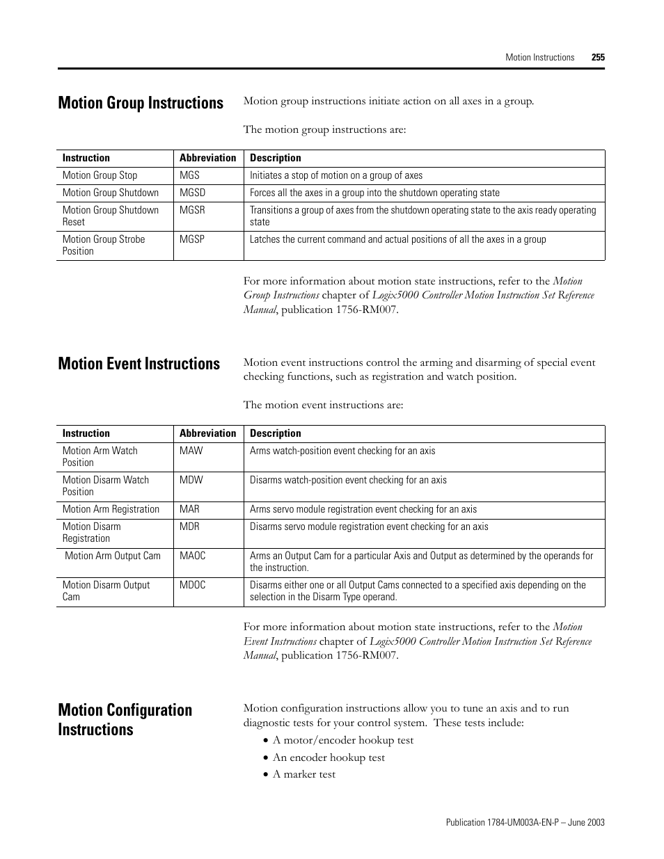 Motion group instructions, Motion event instructions, Motion configuration instructions | Rockwell Automation 1784-PM16SE SoftLogix Motion Card Setup and Configuration Manual User Manual | Page 263 / 451