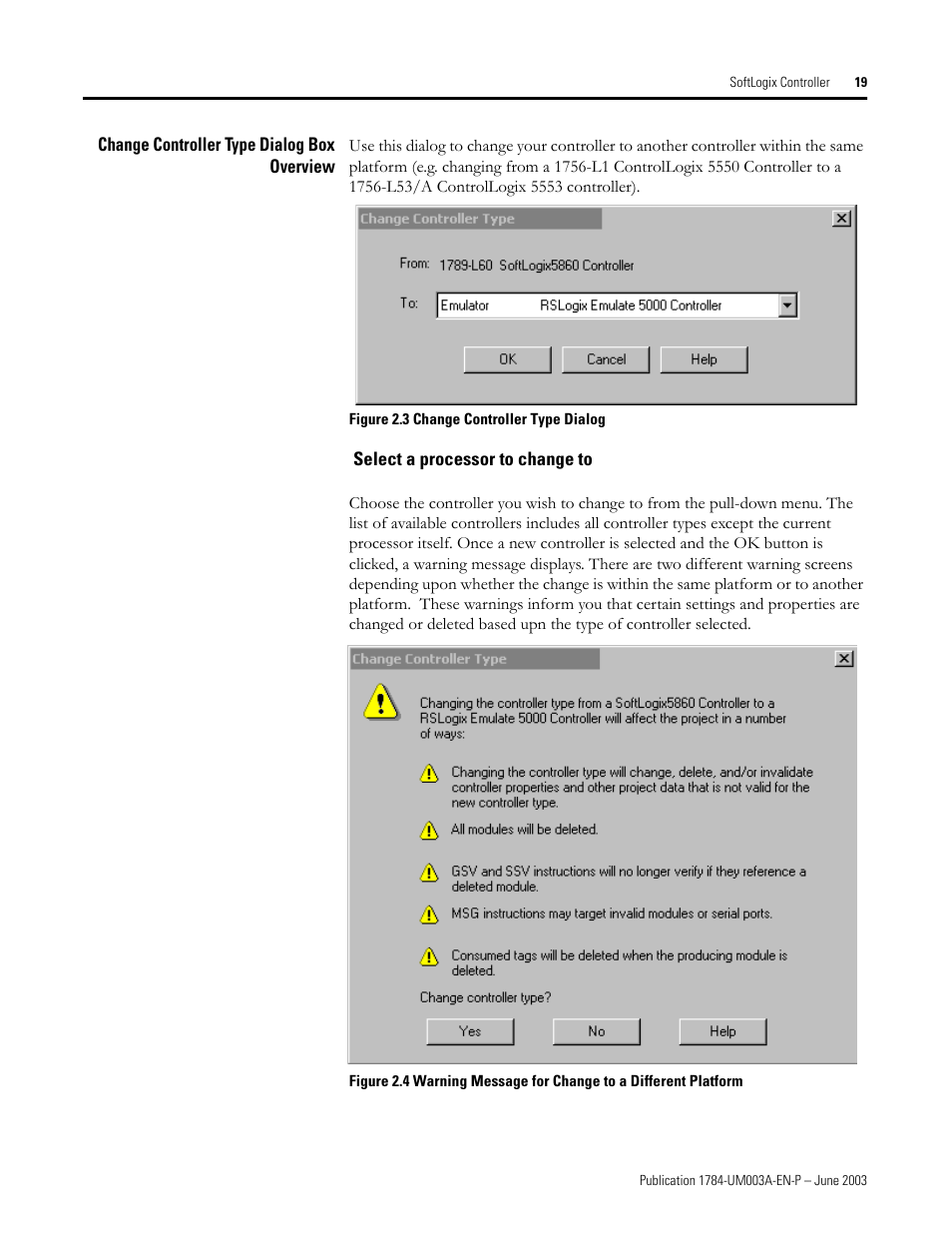 Change controller type dialog box overview, Select a processor to change to | Rockwell Automation 1784-PM16SE SoftLogix Motion Card Setup and Configuration Manual User Manual | Page 27 / 451