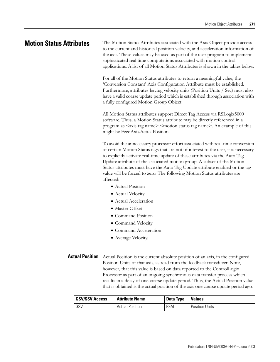 Motion status attributes, Actual position | Rockwell Automation 1784-PM16SE SoftLogix Motion Card Setup and Configuration Manual User Manual | Page 279 / 451