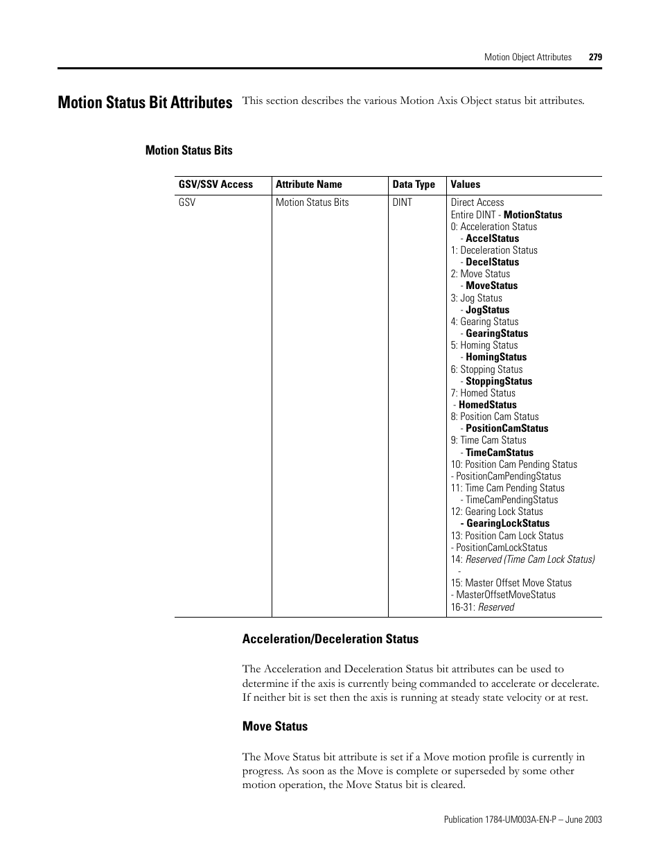 Motion status bit attributes, Motion status bits, Acceleration/deceleration status | Move status | Rockwell Automation 1784-PM16SE SoftLogix Motion Card Setup and Configuration Manual User Manual | Page 287 / 451