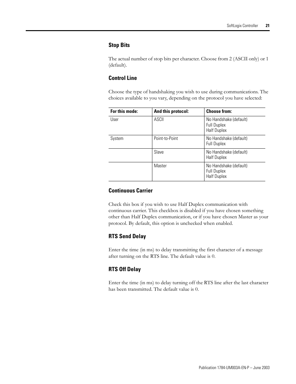 Stop bits, Control line, Continuous carrier | Rts send delay, Rts off delay | Rockwell Automation 1784-PM16SE SoftLogix Motion Card Setup and Configuration Manual User Manual | Page 29 / 451