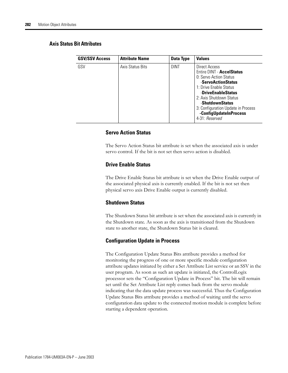 Axis status bit attributes, Servo action status, Drive enable status | Shutdown status, Configuration update in process | Rockwell Automation 1784-PM16SE SoftLogix Motion Card Setup and Configuration Manual User Manual | Page 290 / 451