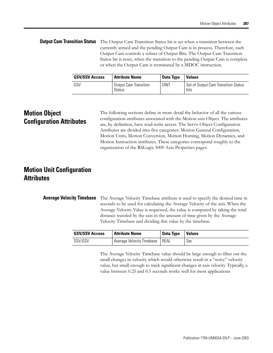 Output cam transition status, Motion object configuration attributes, Motion unit configuration attributes | Average velocity timebase | Rockwell Automation 1784-PM16SE SoftLogix Motion Card Setup and Configuration Manual User Manual | Page 295 / 451