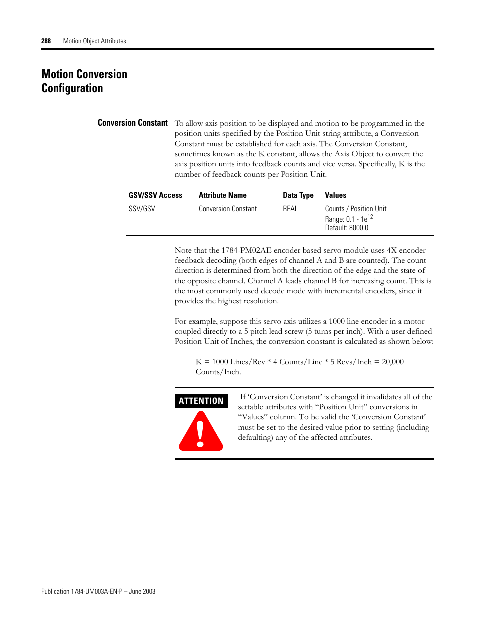 Motion conversion configuration, Conversion constant | Rockwell Automation 1784-PM16SE SoftLogix Motion Card Setup and Configuration Manual User Manual | Page 296 / 451