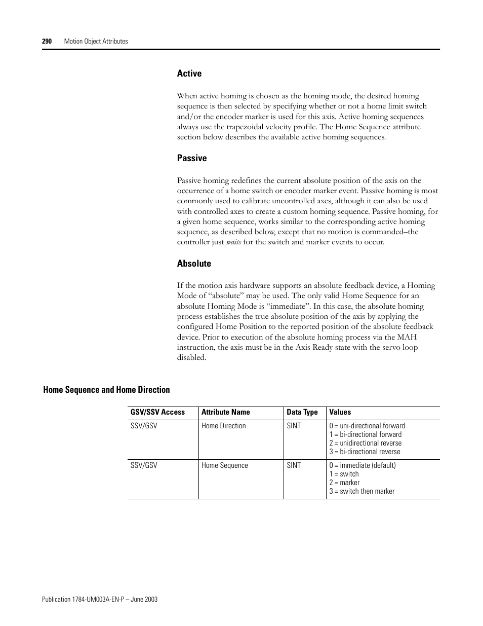 Active, Passive, Absolute | Home sequence and home direction | Rockwell Automation 1784-PM16SE SoftLogix Motion Card Setup and Configuration Manual User Manual | Page 298 / 451