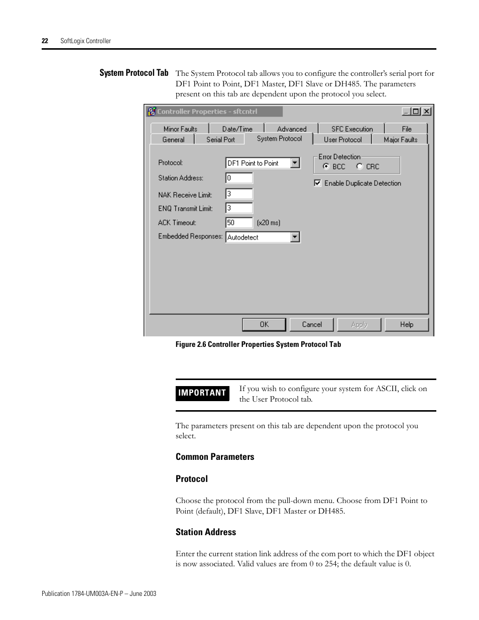 System protocol tab, Common parameters, Protocol | Station address | Rockwell Automation 1784-PM16SE SoftLogix Motion Card Setup and Configuration Manual User Manual | Page 30 / 451