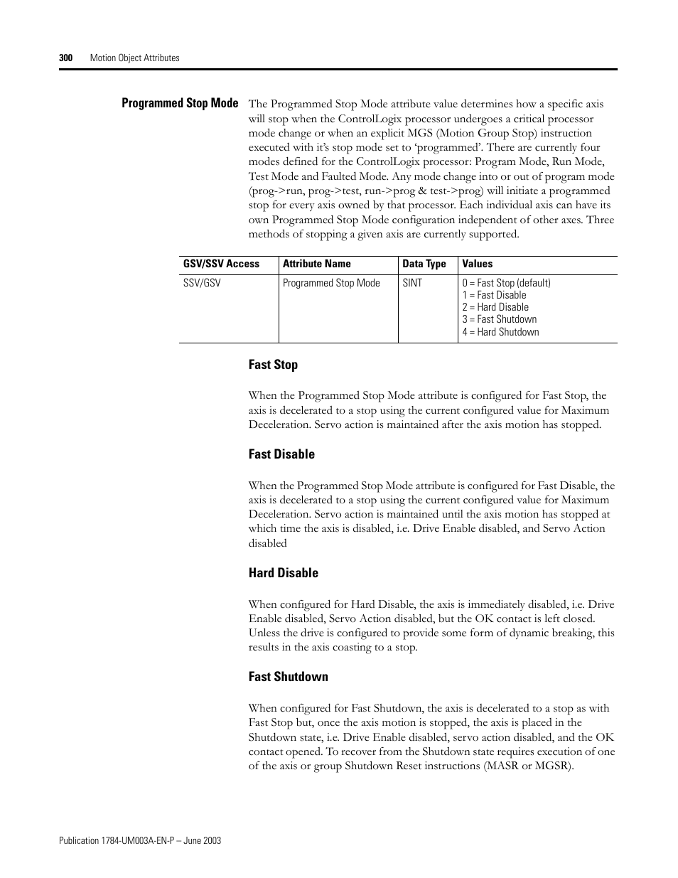 Programmed stop mode, Fast stop, Fast disable | Hard disable, Fast shutdown | Rockwell Automation 1784-PM16SE SoftLogix Motion Card Setup and Configuration Manual User Manual | Page 308 / 451