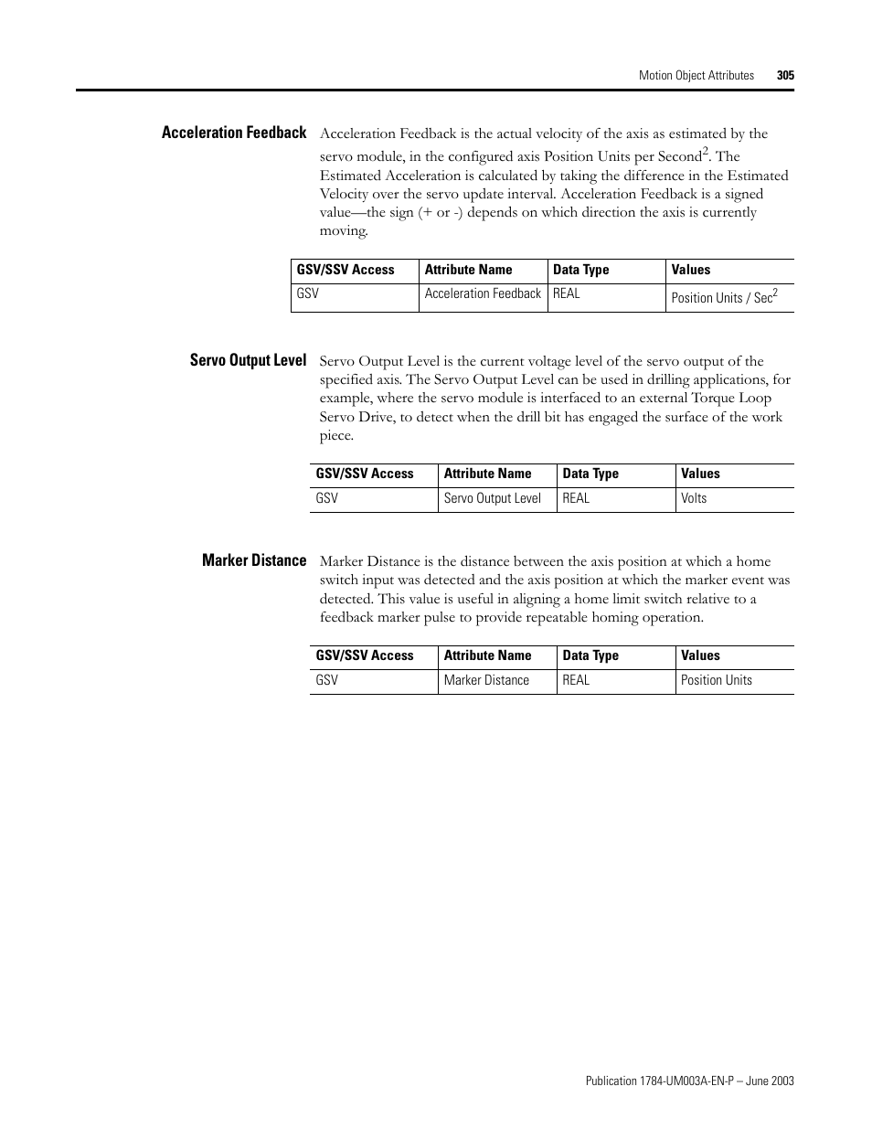 Acceleration feedback, Servo output level, Marker distance | Rockwell Automation 1784-PM16SE SoftLogix Motion Card Setup and Configuration Manual User Manual | Page 313 / 451