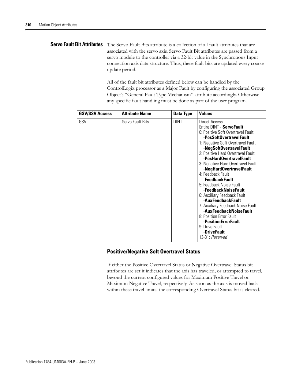 Servo fault bit attributes, Positive/negative soft overtravel status | Rockwell Automation 1784-PM16SE SoftLogix Motion Card Setup and Configuration Manual User Manual | Page 318 / 451