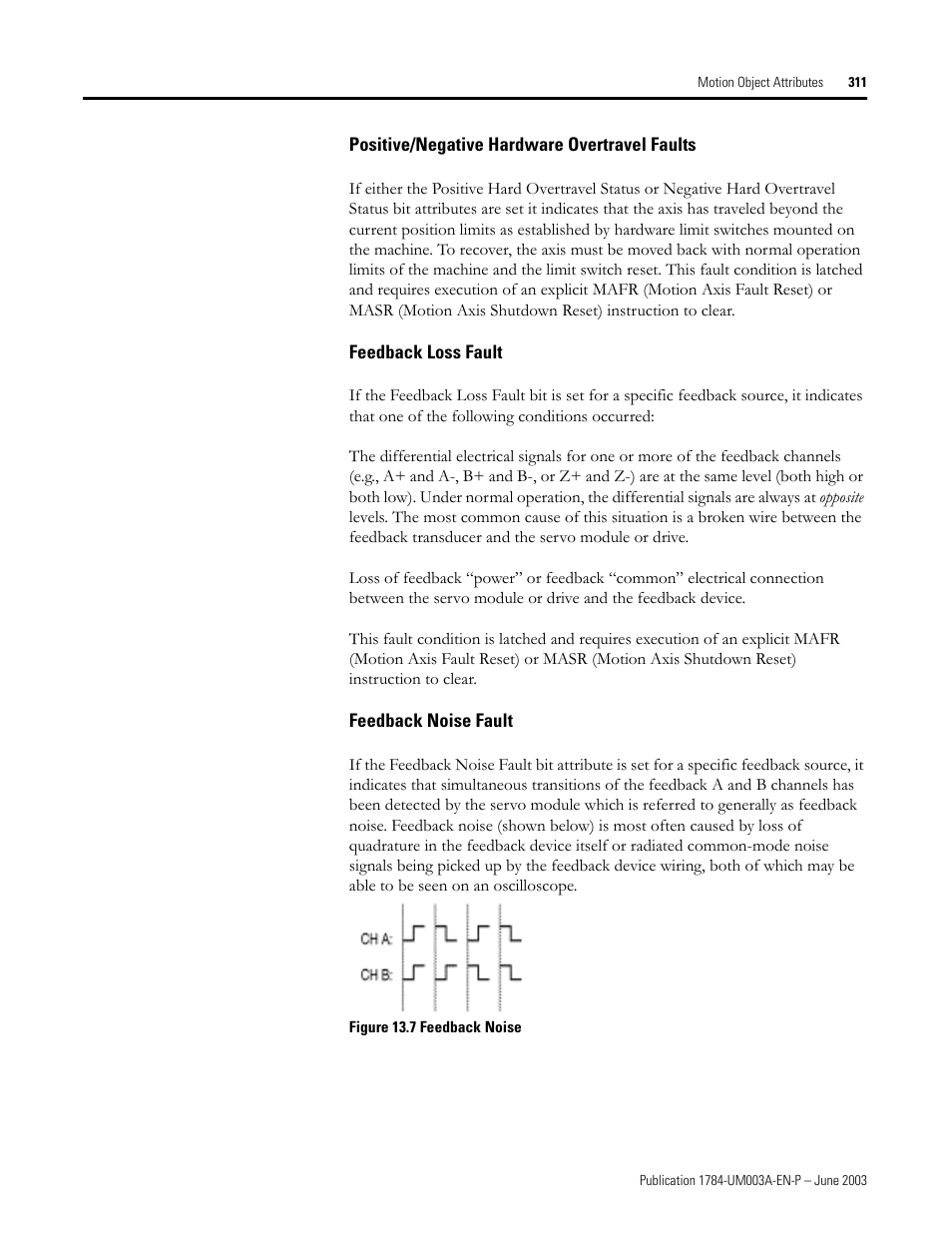 Positive/negative hardware overtravel faults, Feedback loss fault, Feedback noise fault | Rockwell Automation 1784-PM16SE SoftLogix Motion Card Setup and Configuration Manual User Manual | Page 319 / 451