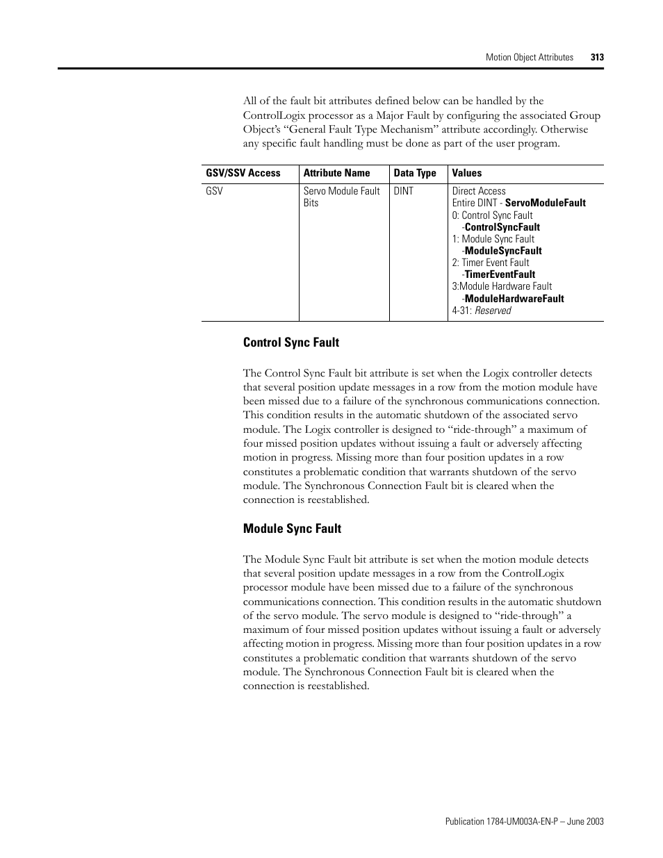 Control sync fault, Module sync fault | Rockwell Automation 1784-PM16SE SoftLogix Motion Card Setup and Configuration Manual User Manual | Page 321 / 451