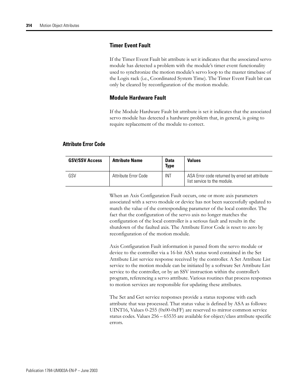 Timer event fault, Module hardware fault, Attribute error code | Rockwell Automation 1784-PM16SE SoftLogix Motion Card Setup and Configuration Manual User Manual | Page 322 / 451