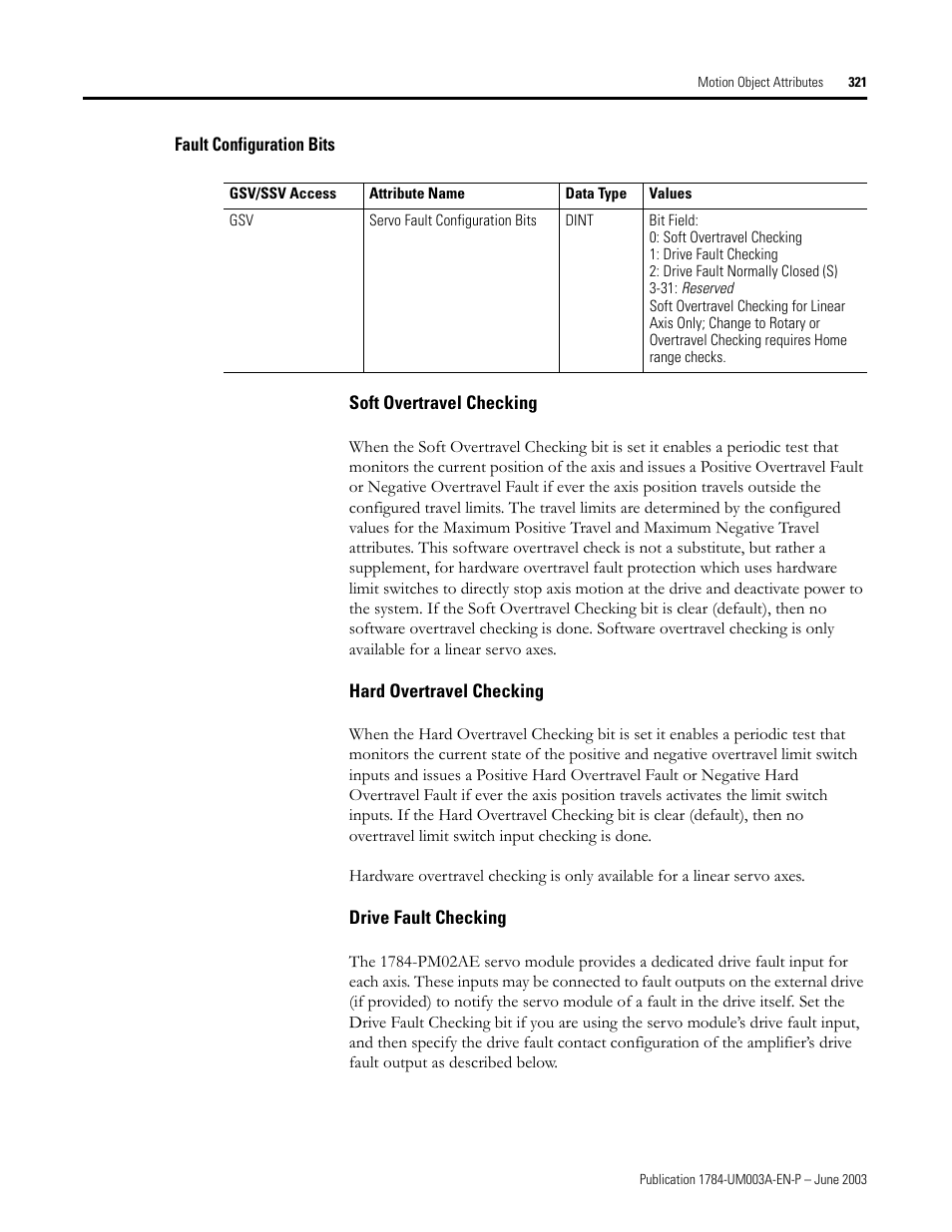 Fault configuration bits, Soft overtravel checking, Hard overtravel checking | Drive fault checking | Rockwell Automation 1784-PM16SE SoftLogix Motion Card Setup and Configuration Manual User Manual | Page 329 / 451