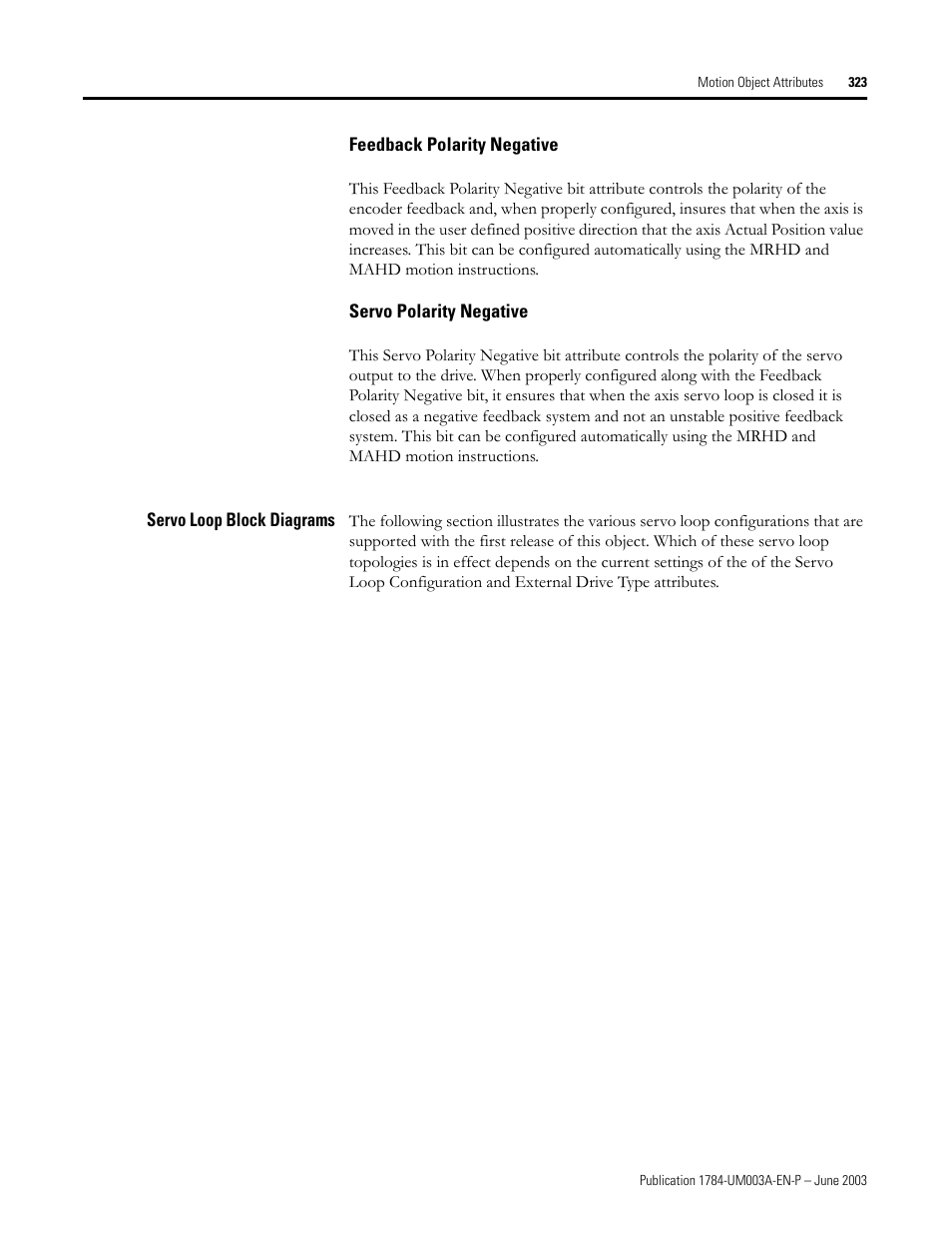 Feedback polarity negative, Servo polarity negative, Servo loop block diagrams | Rockwell Automation 1784-PM16SE SoftLogix Motion Card Setup and Configuration Manual User Manual | Page 331 / 451