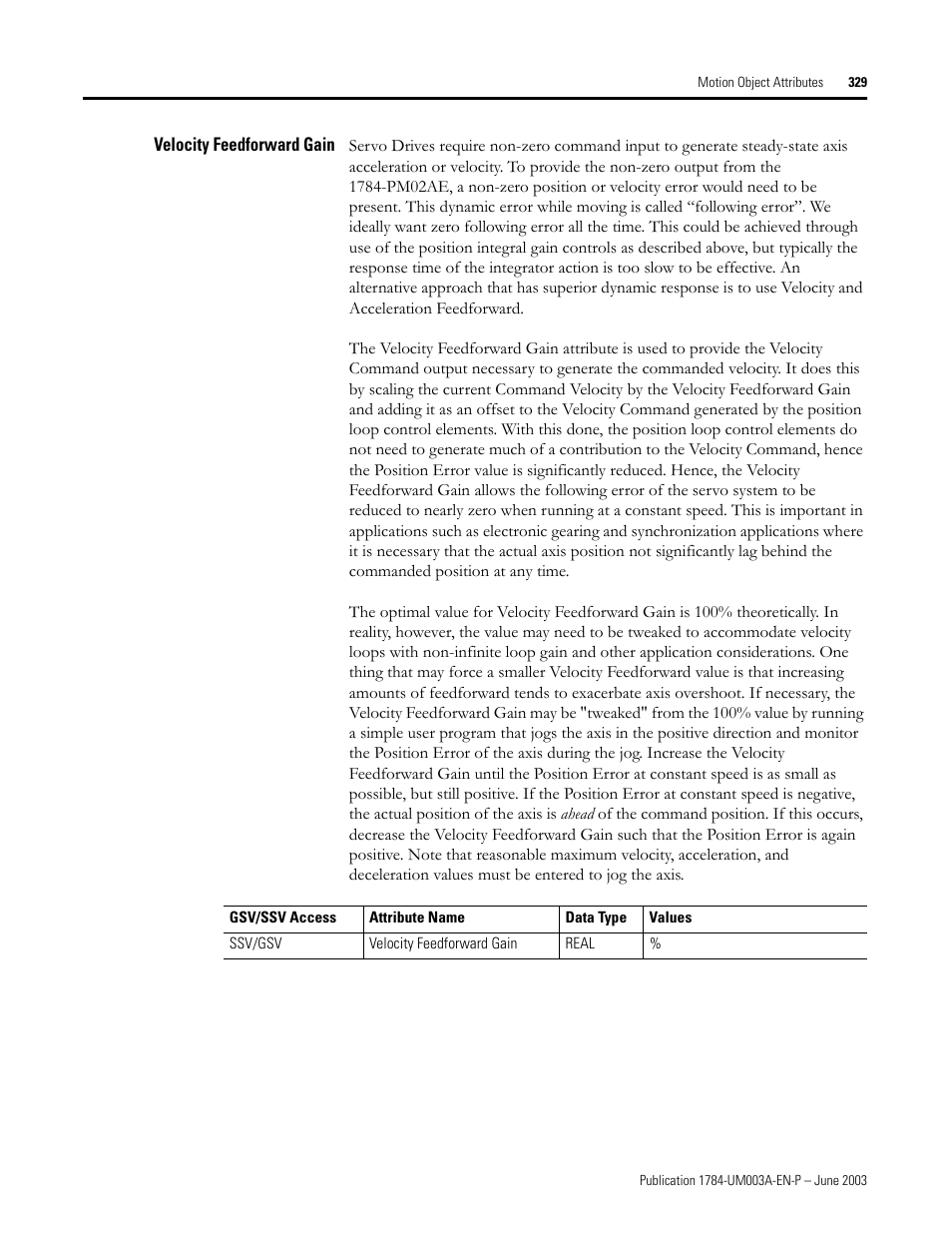 Velocity feedforward gain | Rockwell Automation 1784-PM16SE SoftLogix Motion Card Setup and Configuration Manual User Manual | Page 337 / 451