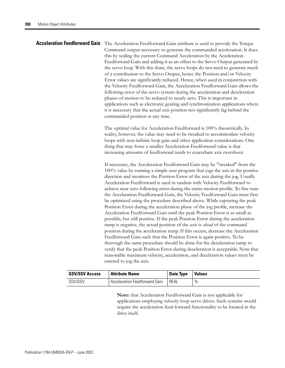 Acceleration feedforward gain | Rockwell Automation 1784-PM16SE SoftLogix Motion Card Setup and Configuration Manual User Manual | Page 338 / 451