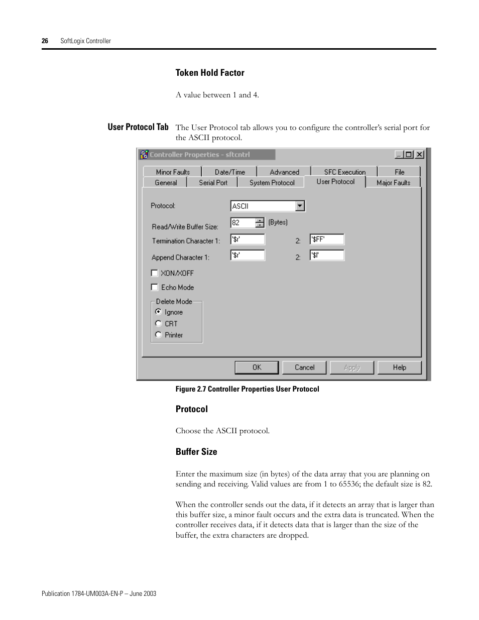 Token hold factor, User protocol tab, Protocol | Buffer size | Rockwell Automation 1784-PM16SE SoftLogix Motion Card Setup and Configuration Manual User Manual | Page 34 / 451