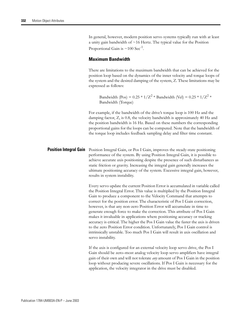 Maximum bandwidth, Position integral gain | Rockwell Automation 1784-PM16SE SoftLogix Motion Card Setup and Configuration Manual User Manual | Page 340 / 451