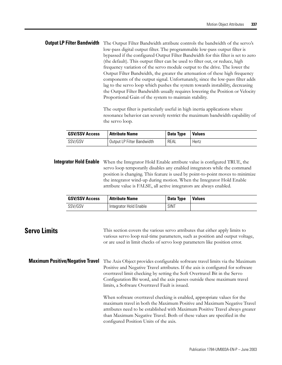 Output lp filter bandwidth, Integrator hold enable, Servo limits | Maximum positive/negative travel | Rockwell Automation 1784-PM16SE SoftLogix Motion Card Setup and Configuration Manual User Manual | Page 345 / 451