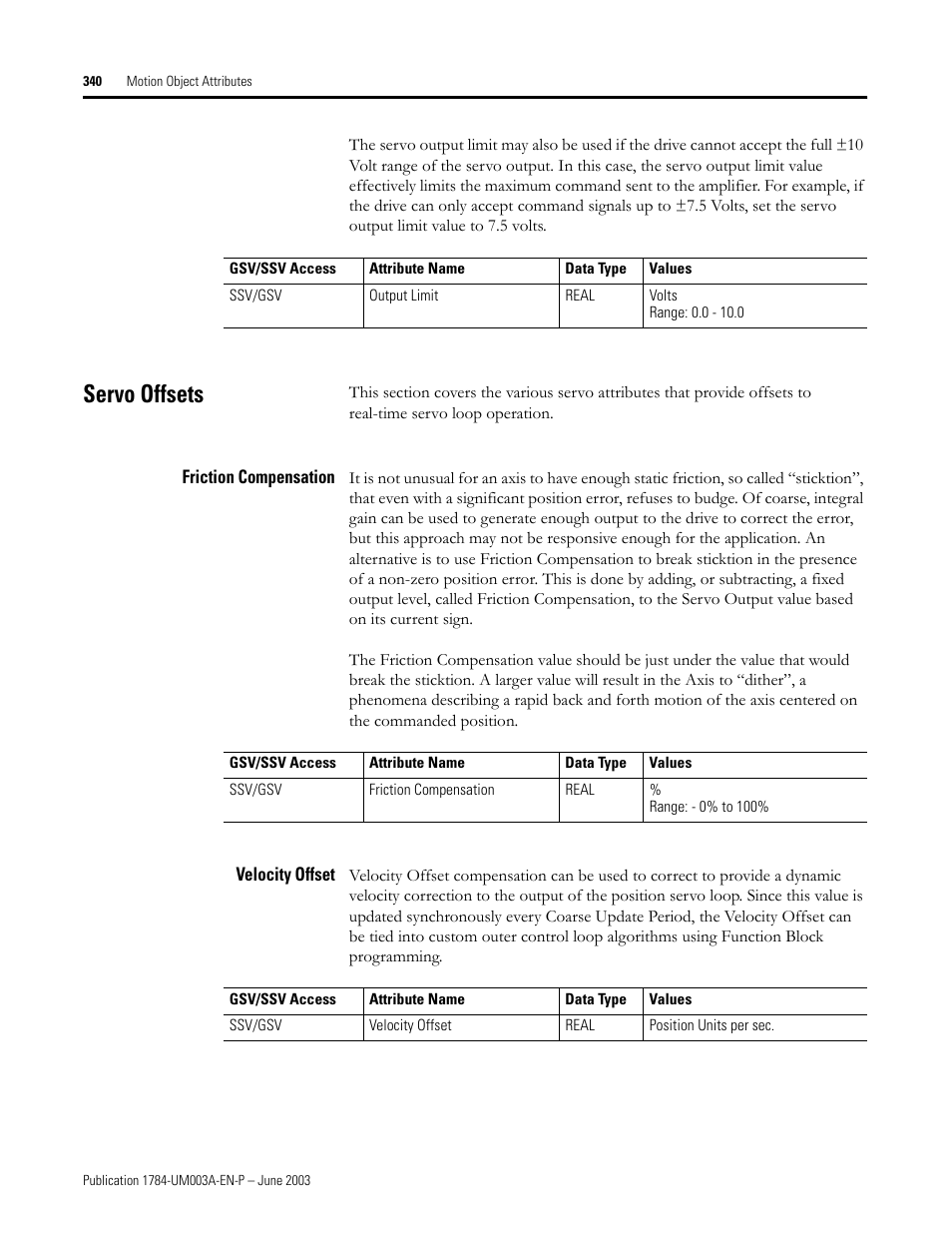 Servo offsets, Friction compensation, Velocity offset | Rockwell Automation 1784-PM16SE SoftLogix Motion Card Setup and Configuration Manual User Manual | Page 348 / 451