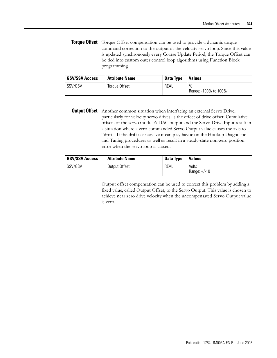 Torque offset, Output offset | Rockwell Automation 1784-PM16SE SoftLogix Motion Card Setup and Configuration Manual User Manual | Page 349 / 451