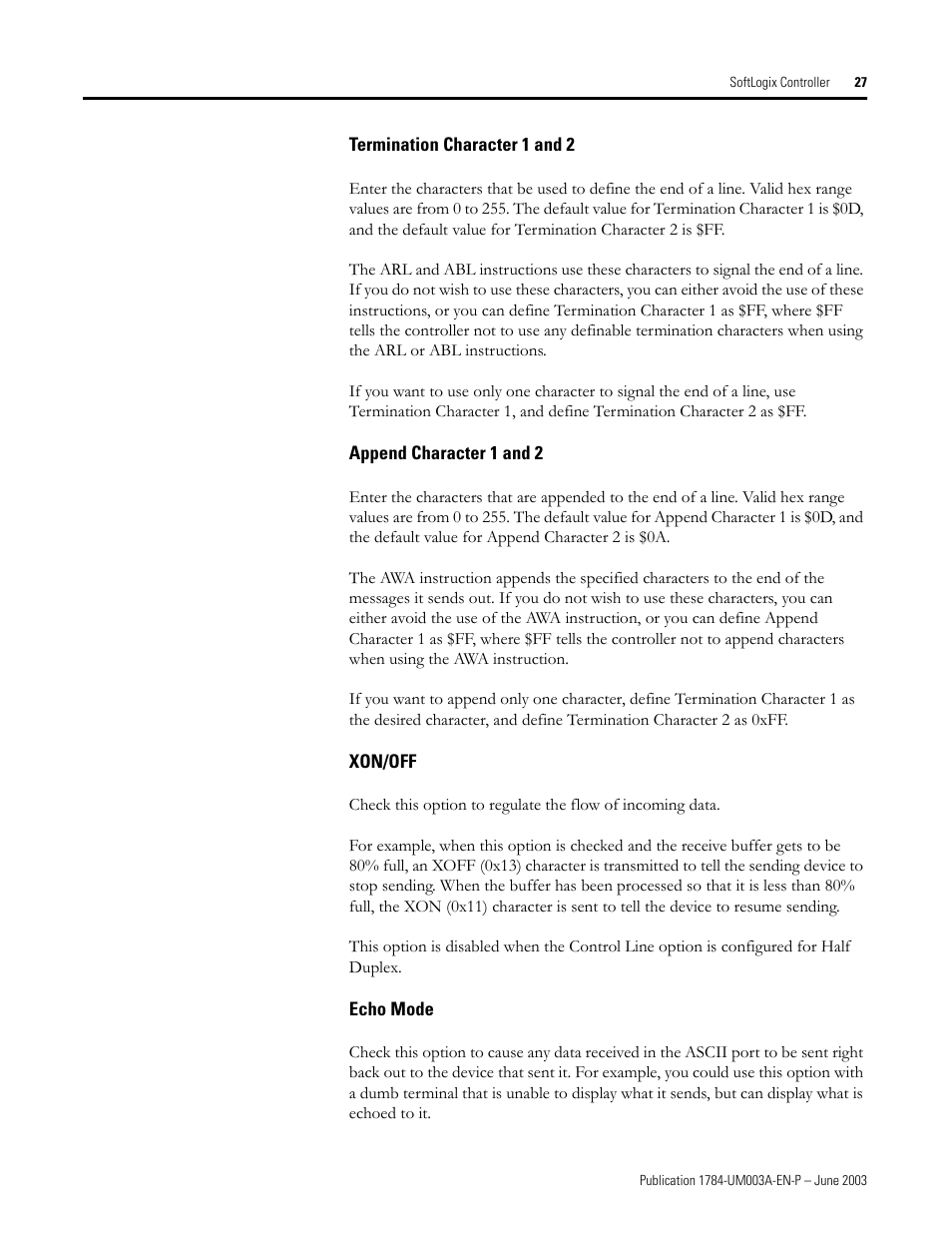 Termination character 1 and 2, Append character 1 and 2, Xon/off | Echo mode | Rockwell Automation 1784-PM16SE SoftLogix Motion Card Setup and Configuration Manual User Manual | Page 35 / 451