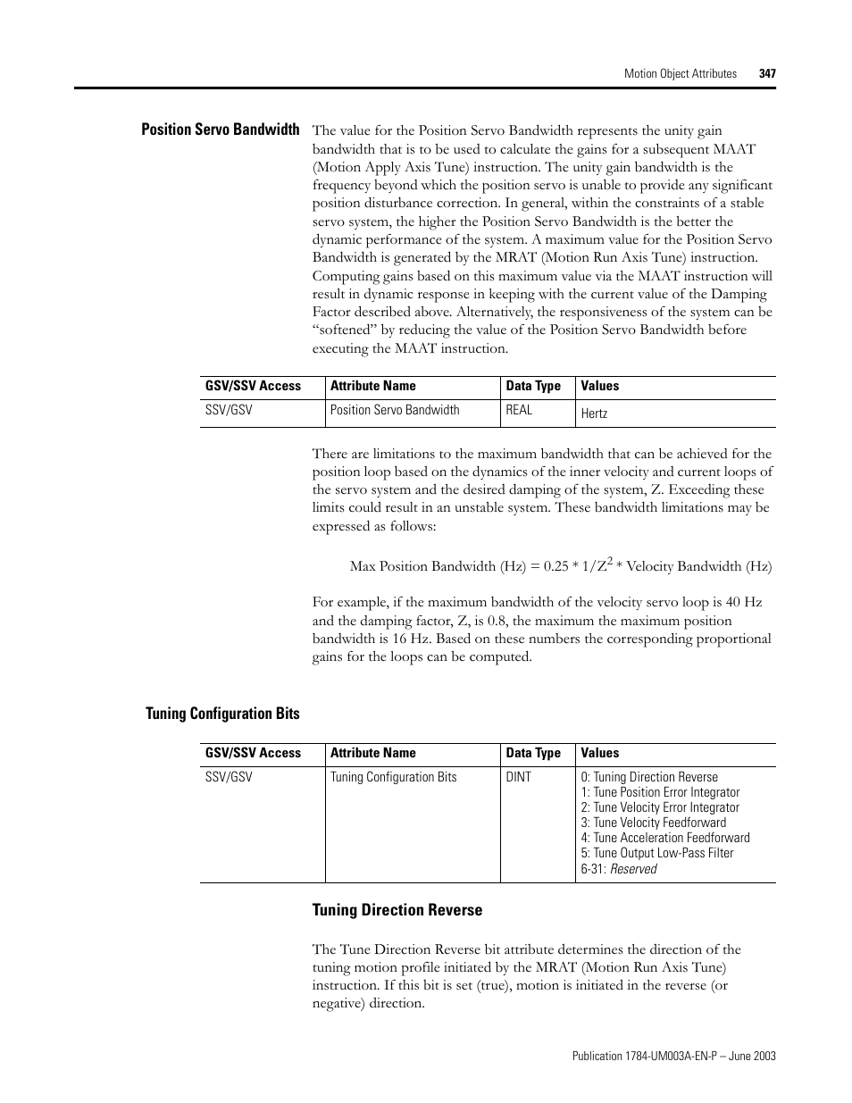 Position servo bandwidth, Tuning configuration bits, Tuning direction reverse | Rockwell Automation 1784-PM16SE SoftLogix Motion Card Setup and Configuration Manual User Manual | Page 355 / 451