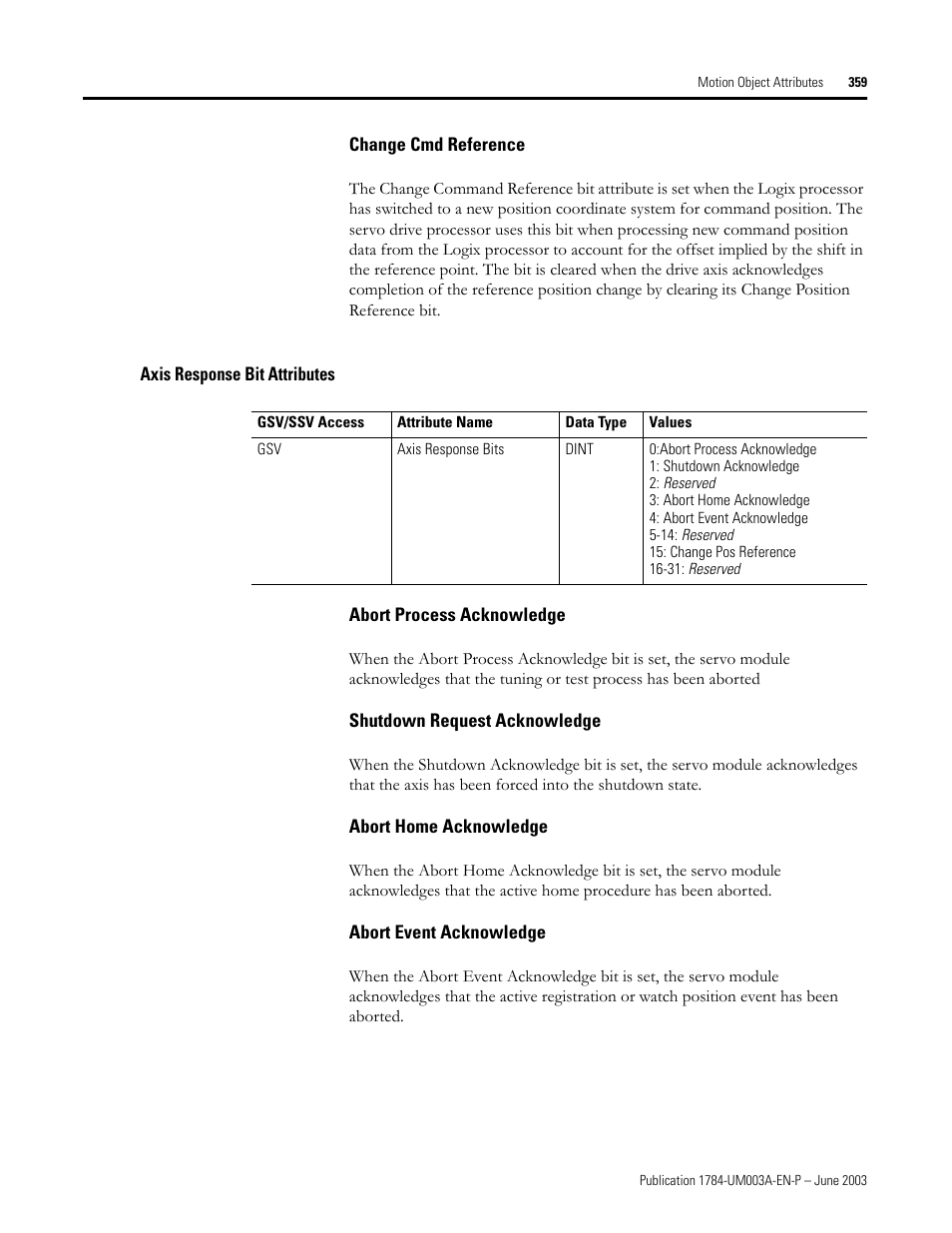 Change cmd reference, Axis response bit attributes, Abort process acknowledge | Shutdown request acknowledge, Abort home acknowledge, Abort event acknowledge | Rockwell Automation 1784-PM16SE SoftLogix Motion Card Setup and Configuration Manual User Manual | Page 367 / 451