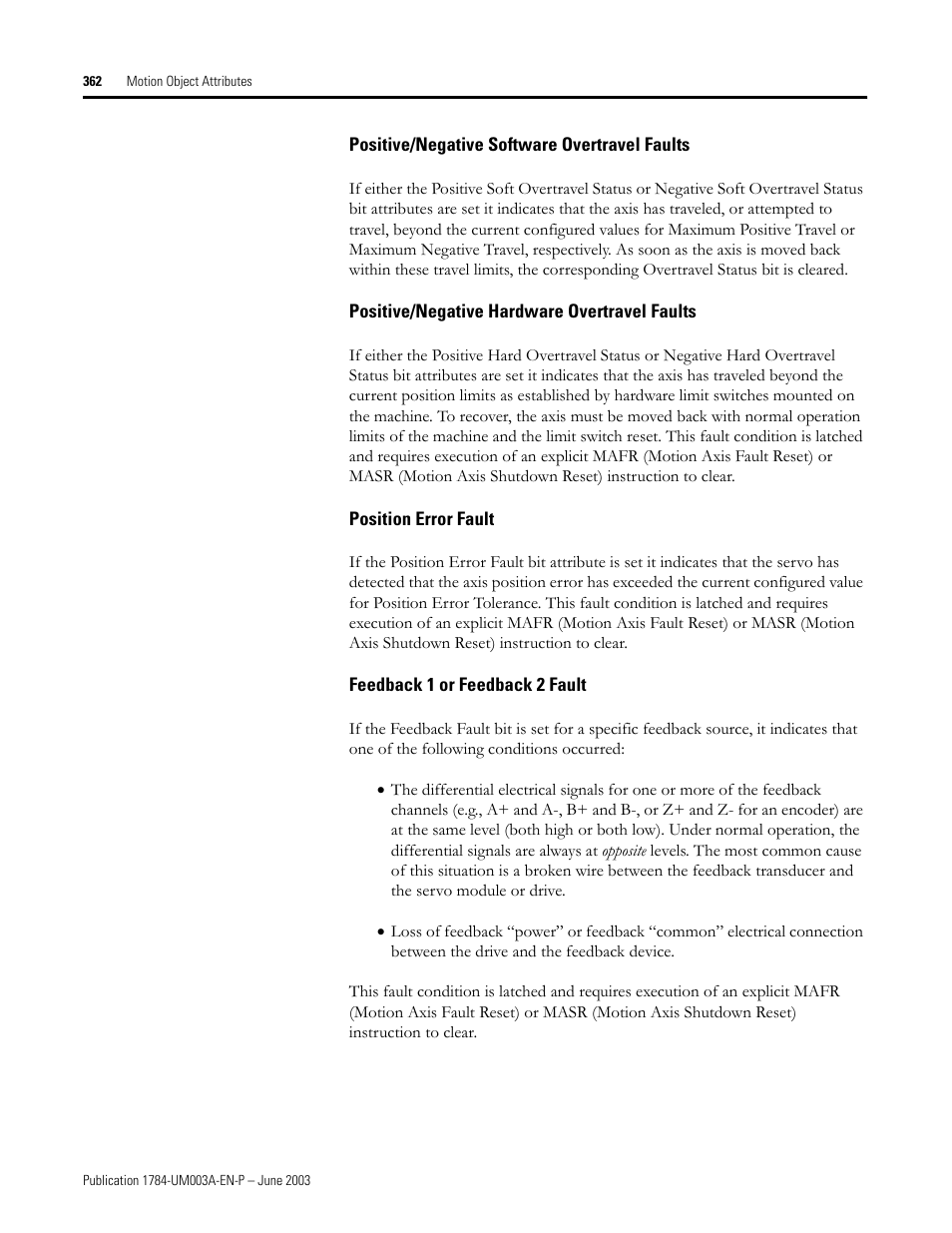 Positive/negative software overtravel faults, Positive/negative hardware overtravel faults, Position error fault | Feedback 1 or feedback 2 fault | Rockwell Automation 1784-PM16SE SoftLogix Motion Card Setup and Configuration Manual User Manual | Page 370 / 451