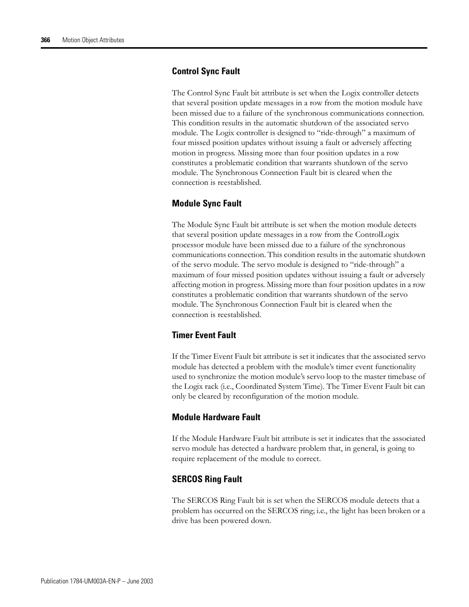 Control sync fault, Module sync fault, Timer event fault | Module hardware fault, Sercos ring fault | Rockwell Automation 1784-PM16SE SoftLogix Motion Card Setup and Configuration Manual User Manual | Page 374 / 451