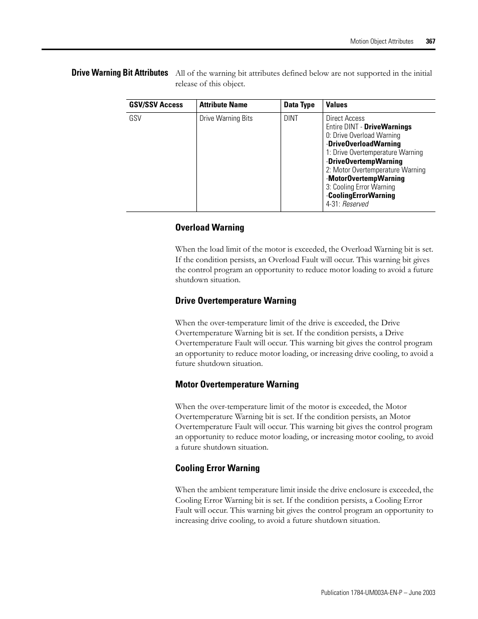 Drive warning bit attributes, Overload warning, Drive overtemperature warning | Motor overtemperature warning, Cooling error warning | Rockwell Automation 1784-PM16SE SoftLogix Motion Card Setup and Configuration Manual User Manual | Page 375 / 451