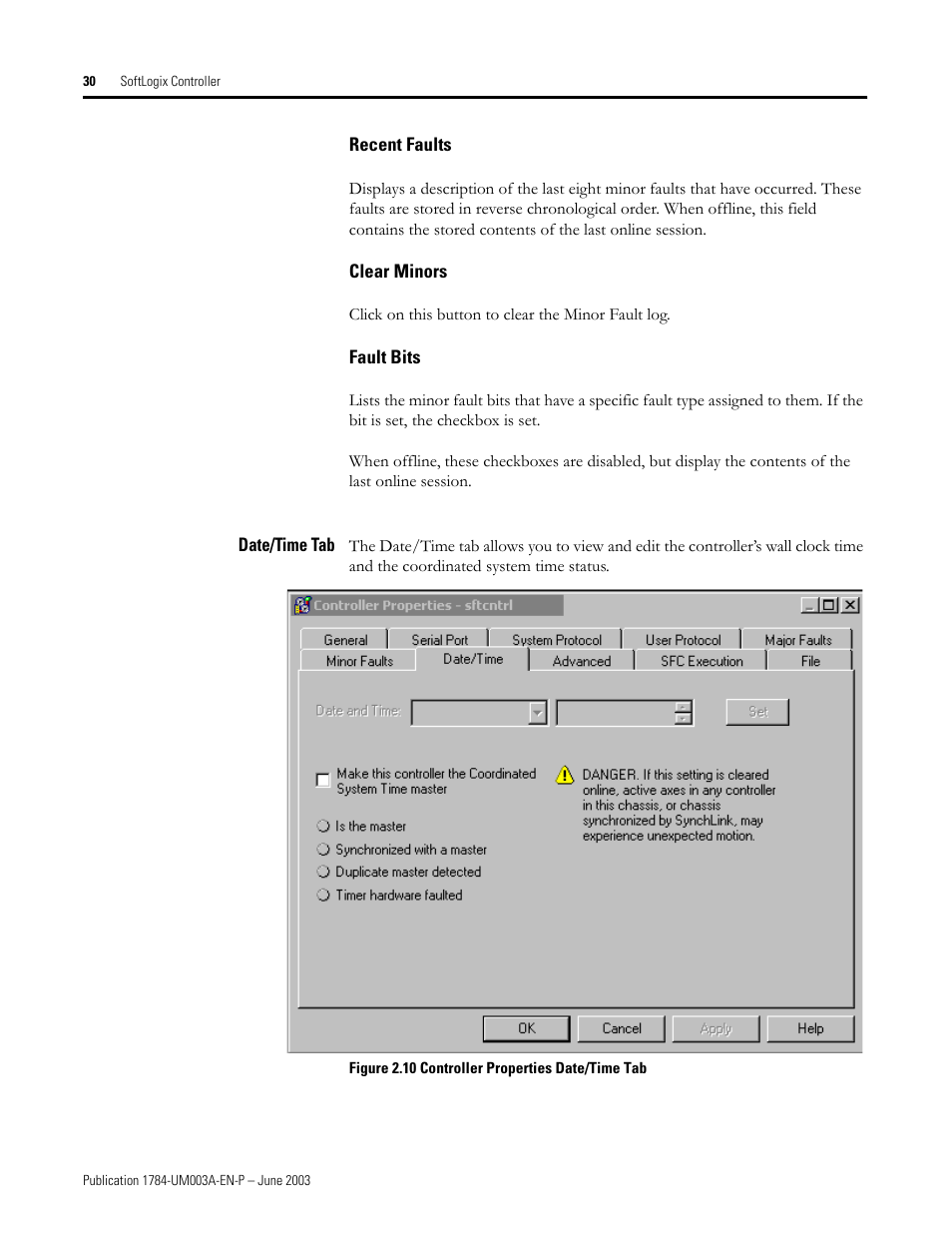 Recent faults, Clear minors, Fault bits | Date/time tab | Rockwell Automation 1784-PM16SE SoftLogix Motion Card Setup and Configuration Manual User Manual | Page 38 / 451