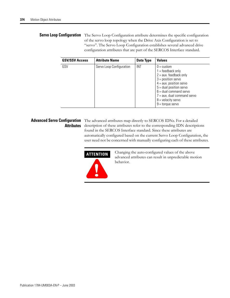 Servo loop configuration, Advanced servo configuration attributes | Rockwell Automation 1784-PM16SE SoftLogix Motion Card Setup and Configuration Manual User Manual | Page 382 / 451