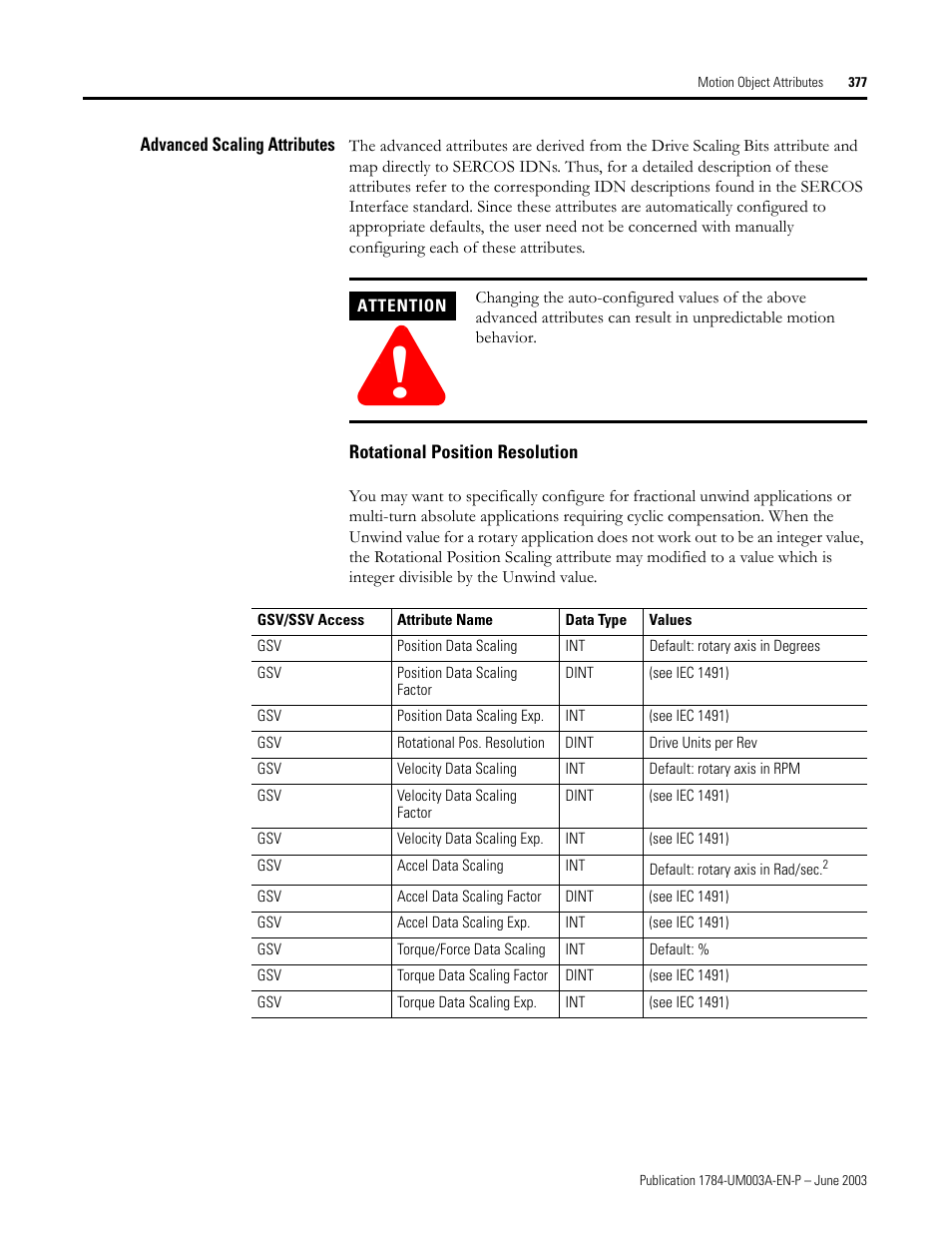 Advanced scaling attributes, Rotational position resolution | Rockwell Automation 1784-PM16SE SoftLogix Motion Card Setup and Configuration Manual User Manual | Page 385 / 451