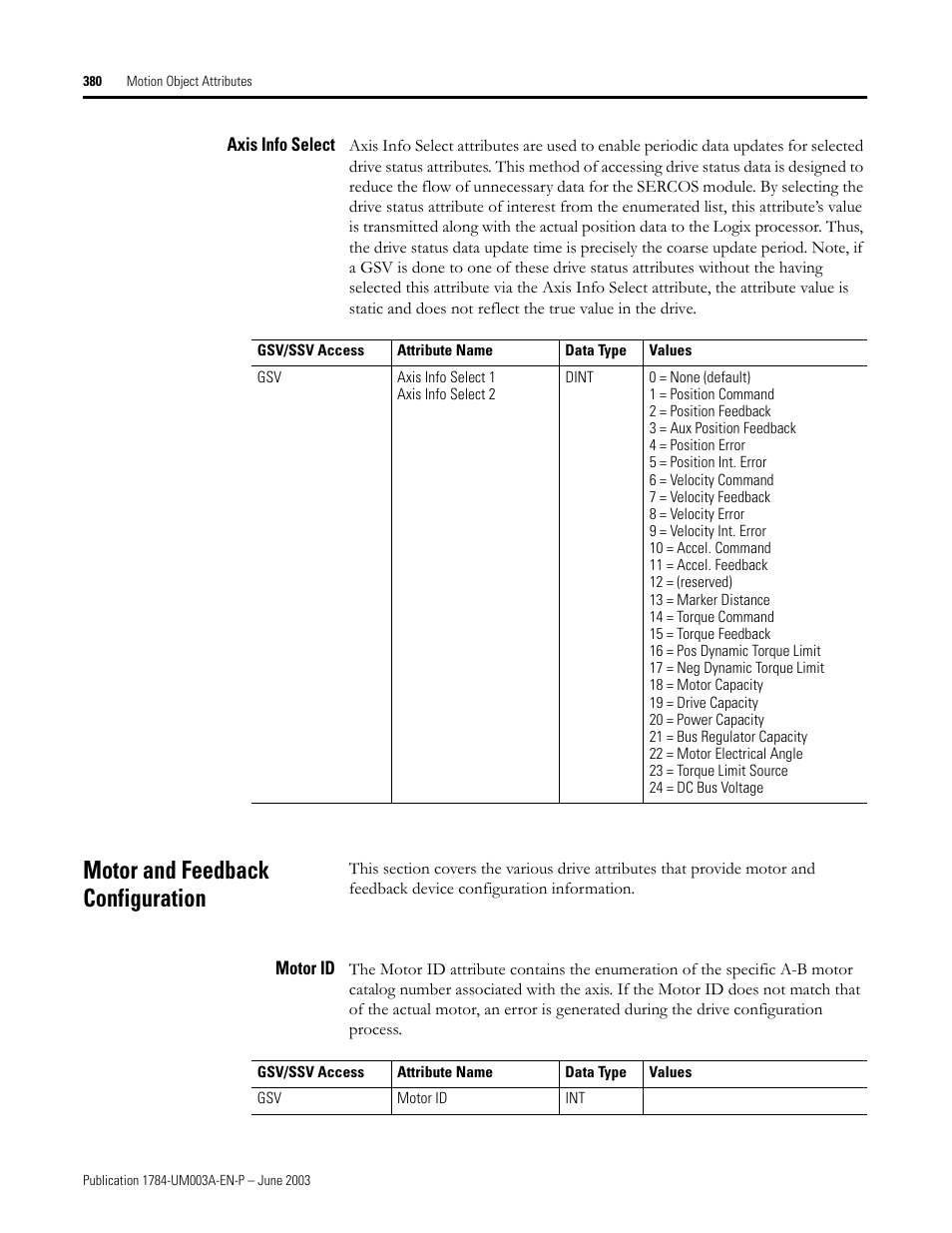 Axis info select, Motor and feedback configuration, Motor id | Rockwell Automation 1784-PM16SE SoftLogix Motion Card Setup and Configuration Manual User Manual | Page 388 / 451