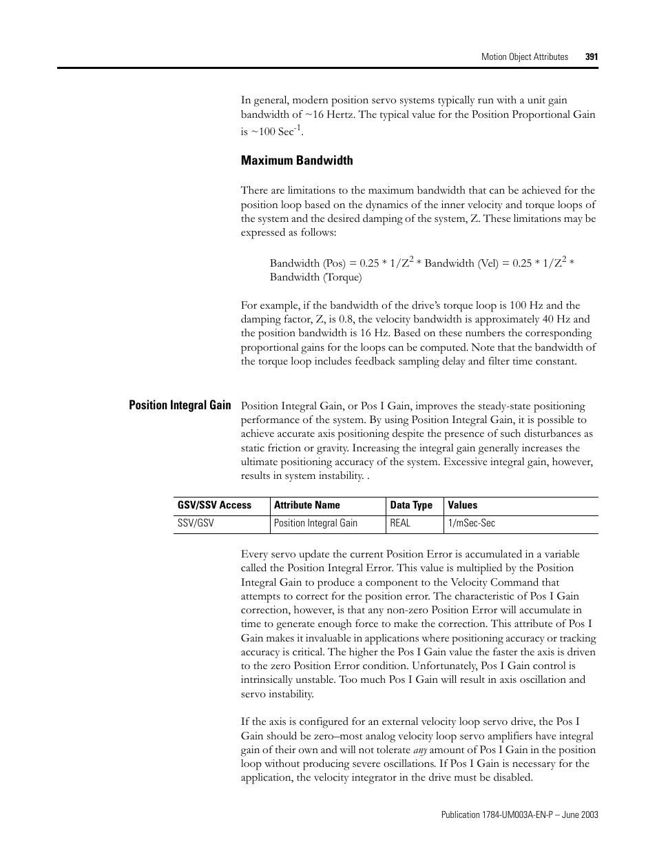 Maximum bandwidth, Position integral gain | Rockwell Automation 1784-PM16SE SoftLogix Motion Card Setup and Configuration Manual User Manual | Page 399 / 451