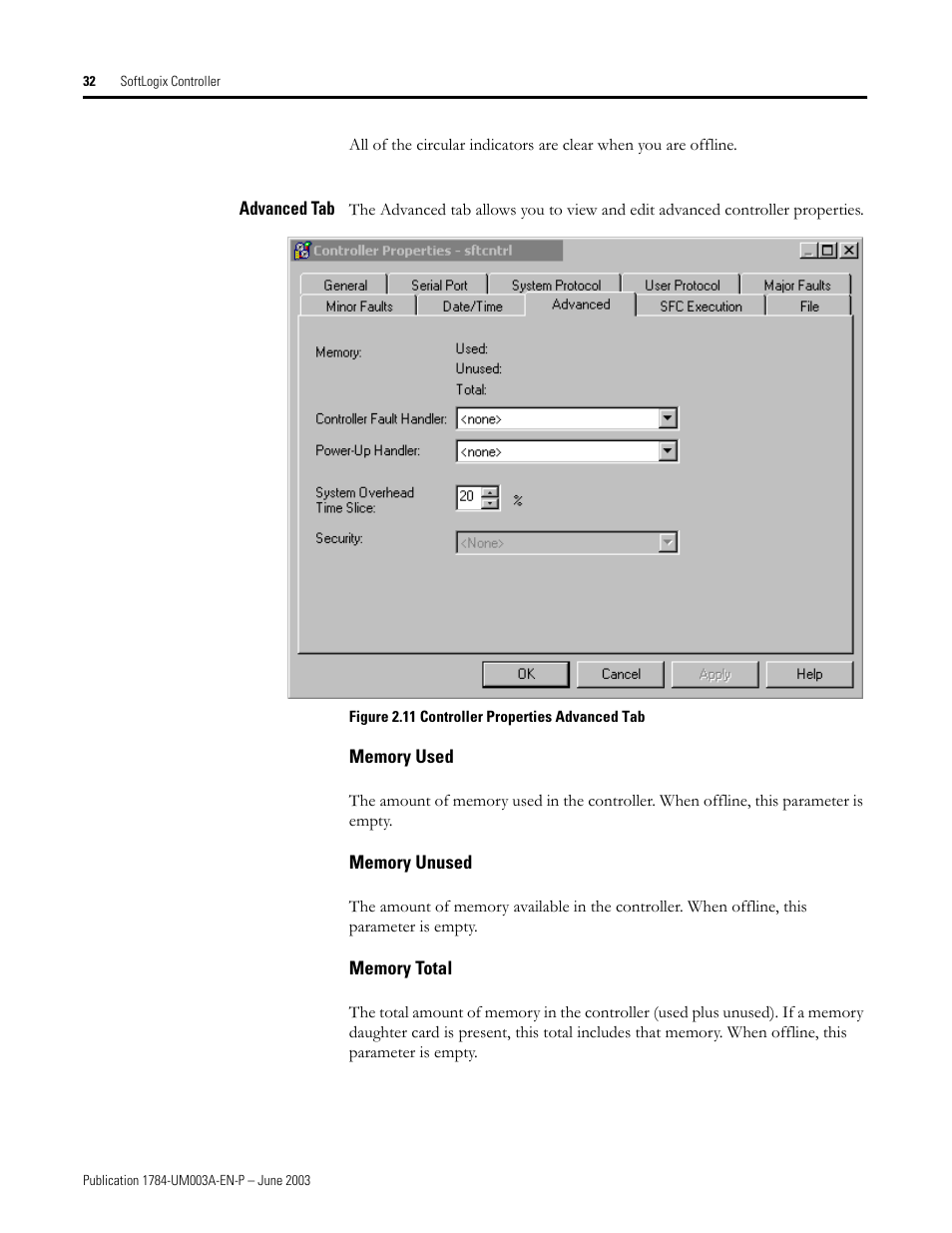 Advanced tab, Memory used, Memory unused | Memory total | Rockwell Automation 1784-PM16SE SoftLogix Motion Card Setup and Configuration Manual User Manual | Page 40 / 451