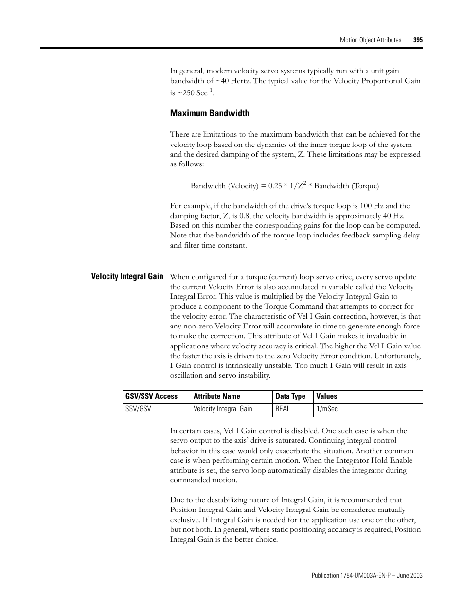 Maximum bandwidth, Velocity integral gain | Rockwell Automation 1784-PM16SE SoftLogix Motion Card Setup and Configuration Manual User Manual | Page 403 / 451