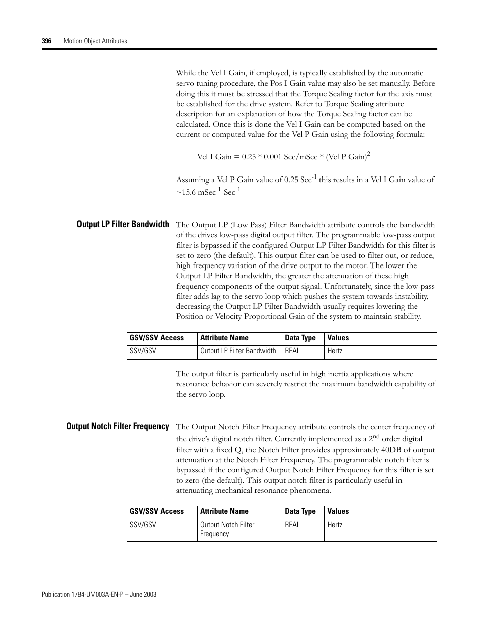 Output lp filter bandwidth, Output notch filter frequency | Rockwell Automation 1784-PM16SE SoftLogix Motion Card Setup and Configuration Manual User Manual | Page 404 / 451
