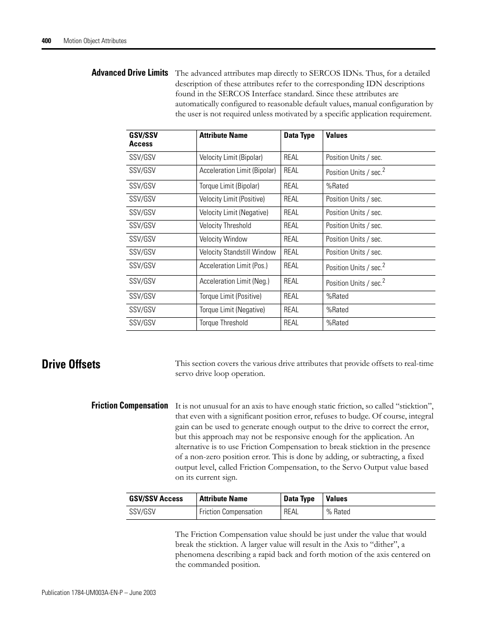Advanced drive limits, Drive offsets, Friction compensation | Drive offsets drive fau | Rockwell Automation 1784-PM16SE SoftLogix Motion Card Setup and Configuration Manual User Manual | Page 408 / 451