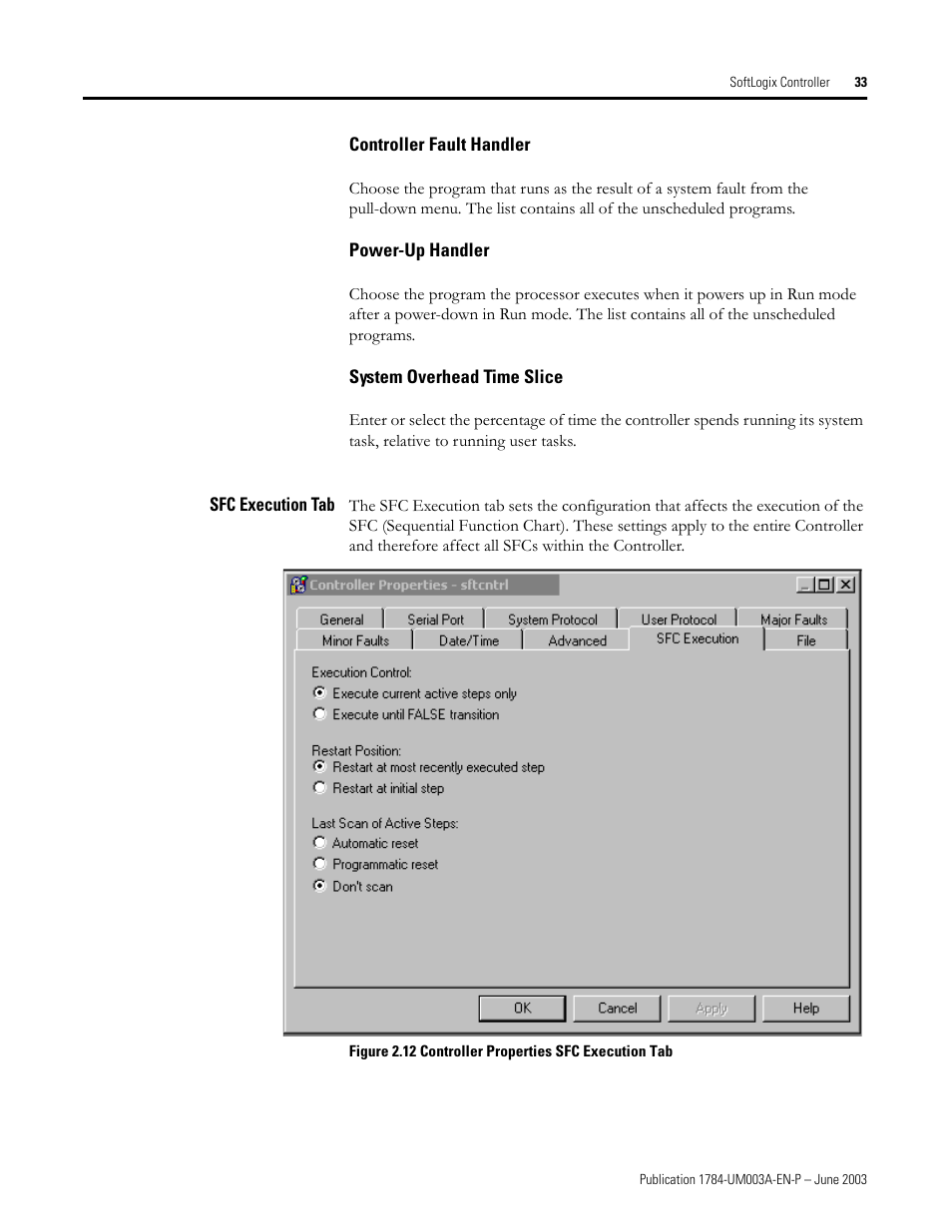 Controller fault handler, Power-up handler, System overhead time slice | Sfc execution tab | Rockwell Automation 1784-PM16SE SoftLogix Motion Card Setup and Configuration Manual User Manual | Page 41 / 451