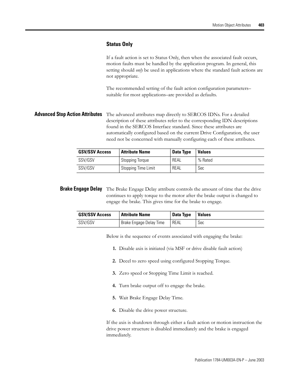 Status only, Advanced stop action attributes, Brake engage delay | Rockwell Automation 1784-PM16SE SoftLogix Motion Card Setup and Configuration Manual User Manual | Page 411 / 451