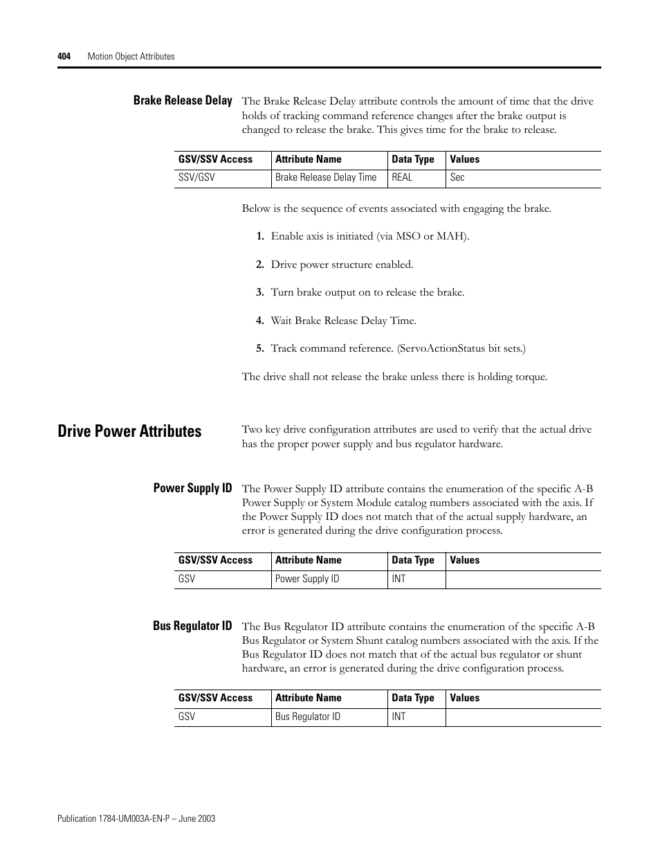 Brake release delay, Drive power attributes, Power supply id | Bus regulator id | Rockwell Automation 1784-PM16SE SoftLogix Motion Card Setup and Configuration Manual User Manual | Page 412 / 451