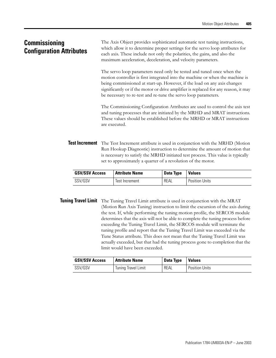 Commissioning configuration attributes, Test increment, Tuning travel limit | Rockwell Automation 1784-PM16SE SoftLogix Motion Card Setup and Configuration Manual User Manual | Page 413 / 451