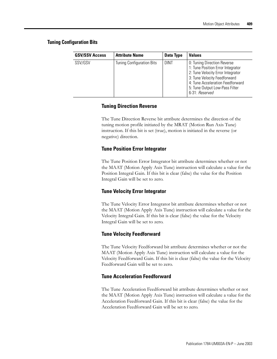 Tuning configuration bits, Tuning direction reverse, Tune position error integrator | Tune velocity error integrator, Tune velocity feedforward, Tune acceleration feedforward | Rockwell Automation 1784-PM16SE SoftLogix Motion Card Setup and Configuration Manual User Manual | Page 417 / 451