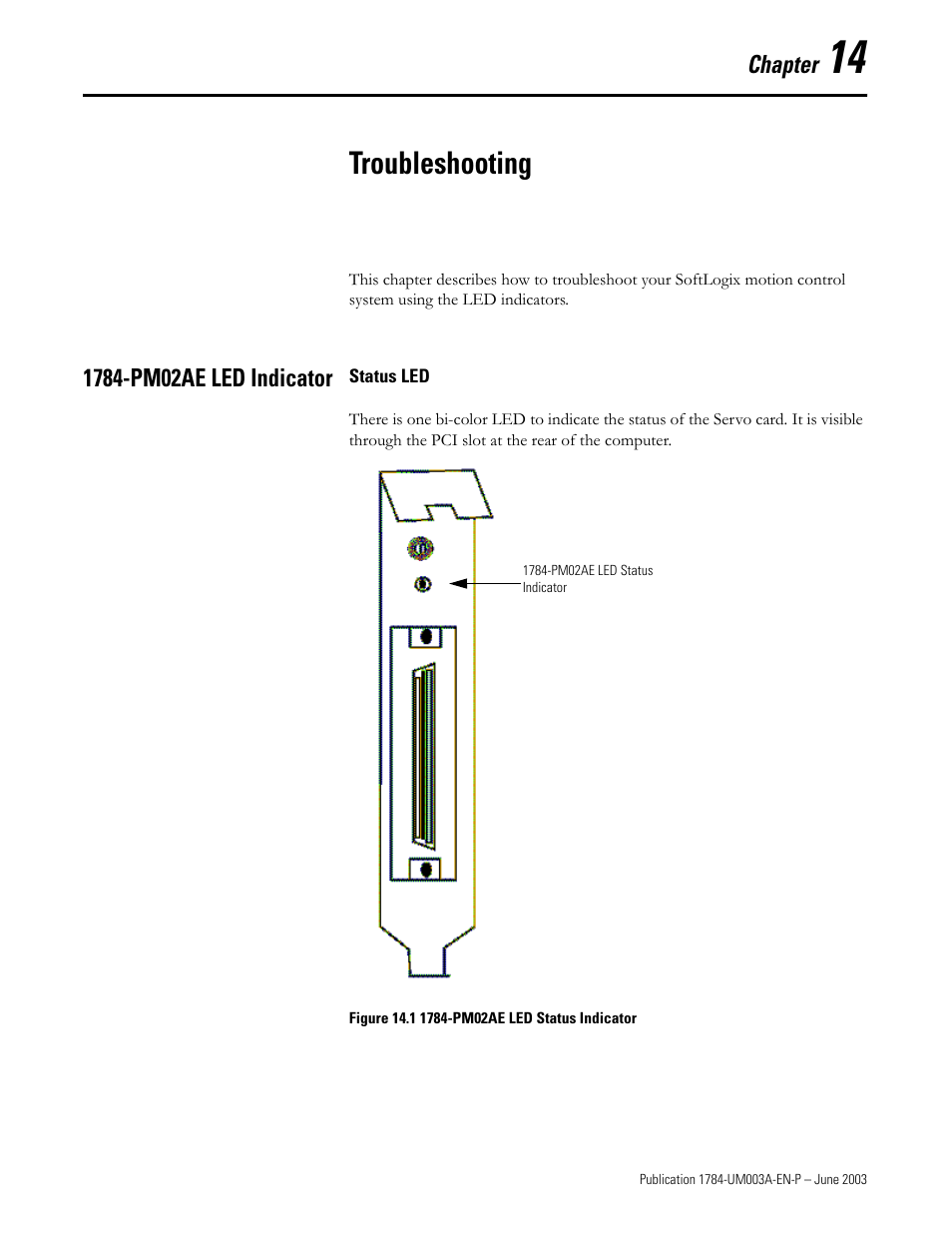 Chapter 14, Troubleshooting, 1784-pm02ae led indicator | Status led | Rockwell Automation 1784-PM16SE SoftLogix Motion Card Setup and Configuration Manual User Manual | Page 419 / 451