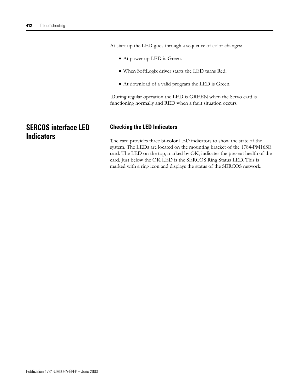 Sercos interface led indicators, Checking the led indicators | Rockwell Automation 1784-PM16SE SoftLogix Motion Card Setup and Configuration Manual User Manual | Page 420 / 451